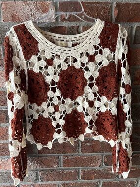 Rebellion Again long-sleeve, cropped open knit crochet top- size small